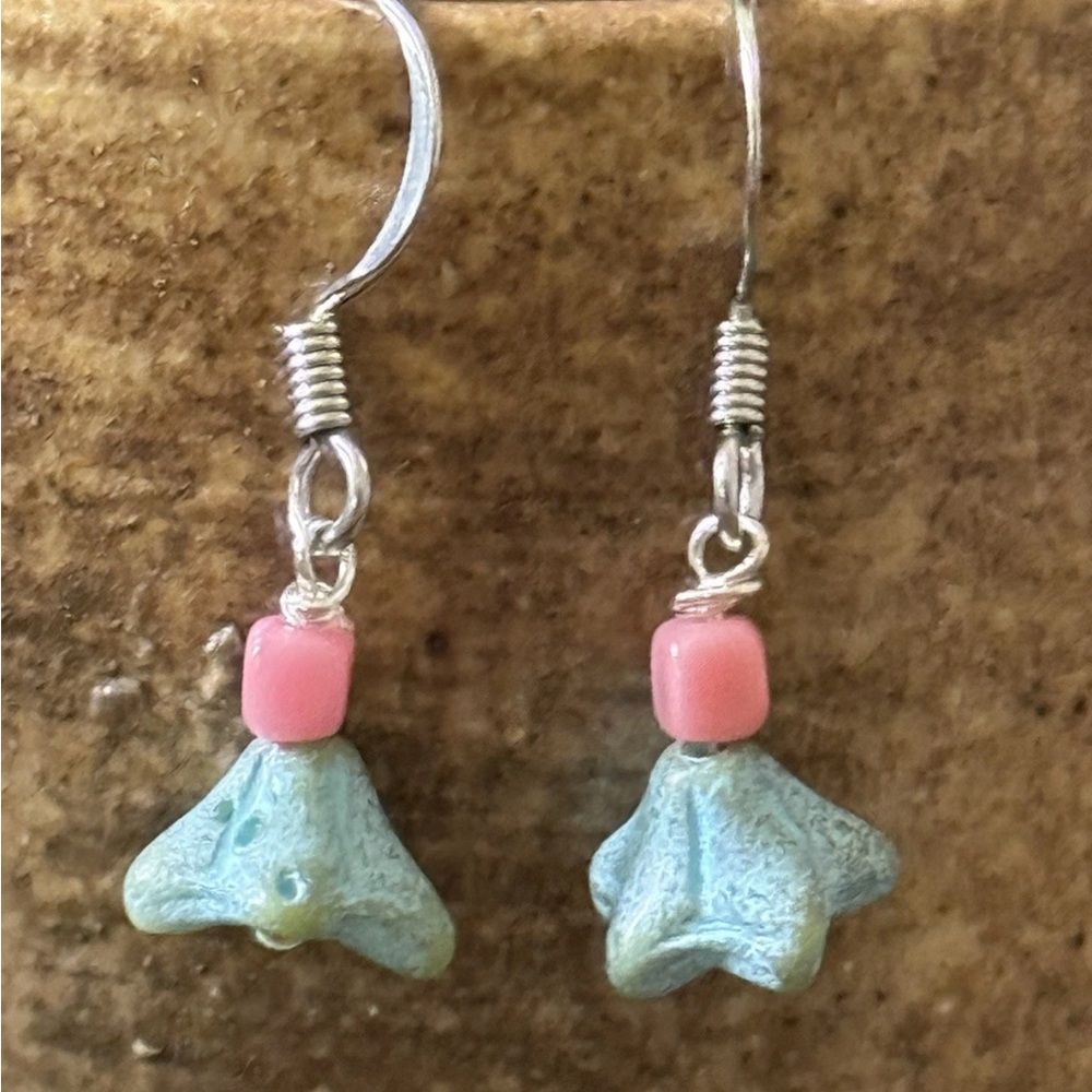 Czech Glass Blue Bellflower Dangle Earrings Handmade Boho